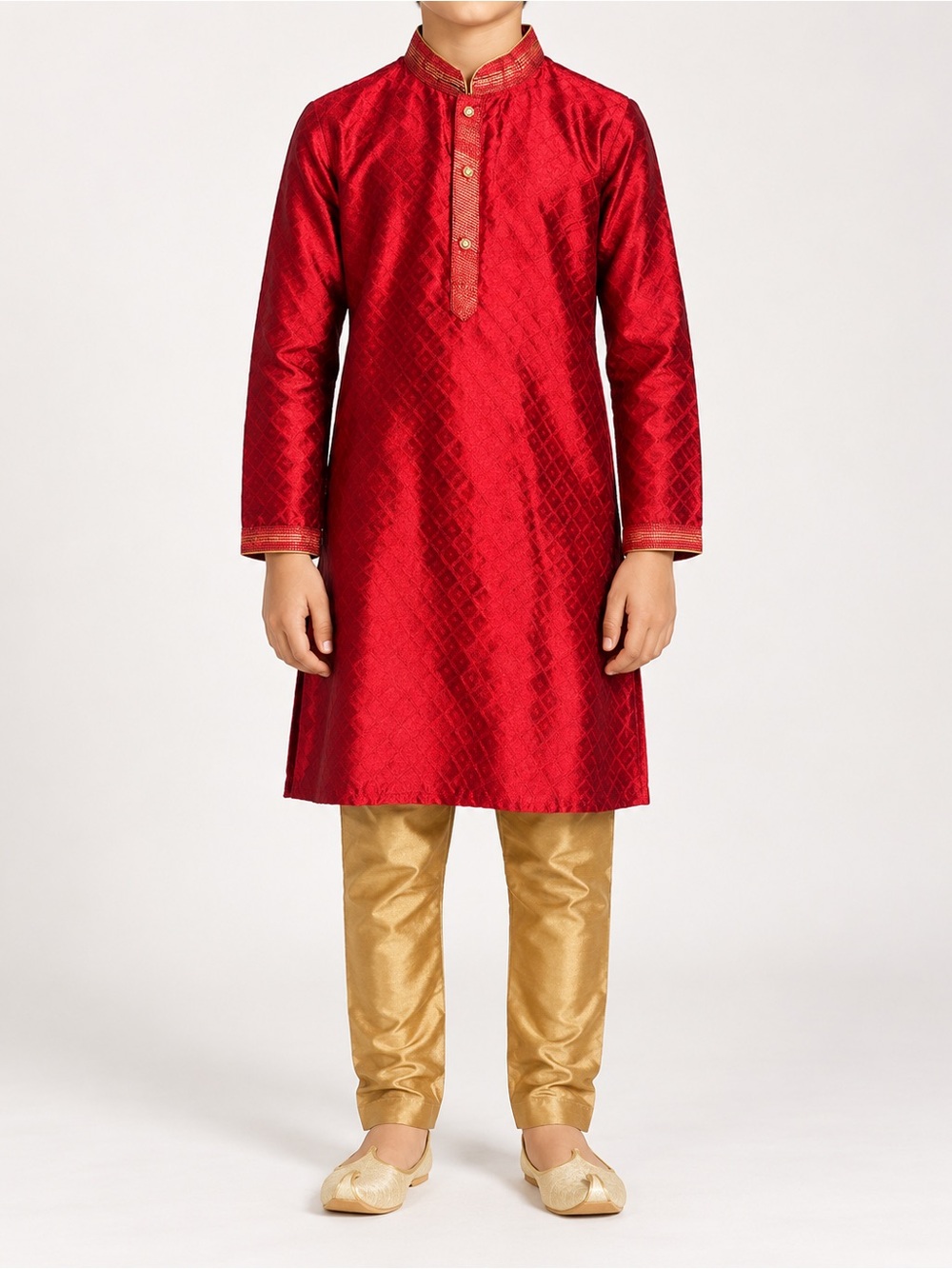 Red Silk-Blend Kurta with Golden Trim - Men Shirts